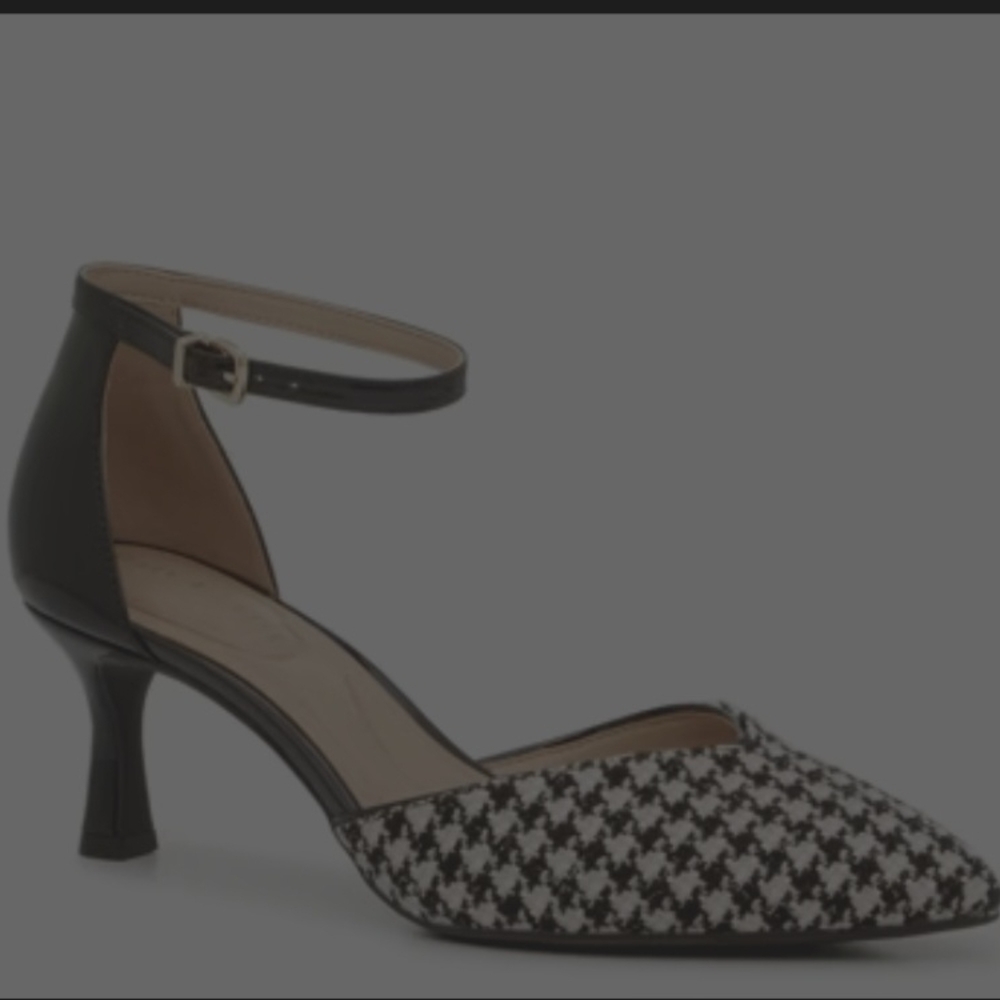 Houndstooth Pointed-Toe Ankle-Strap Heels in Black and White
